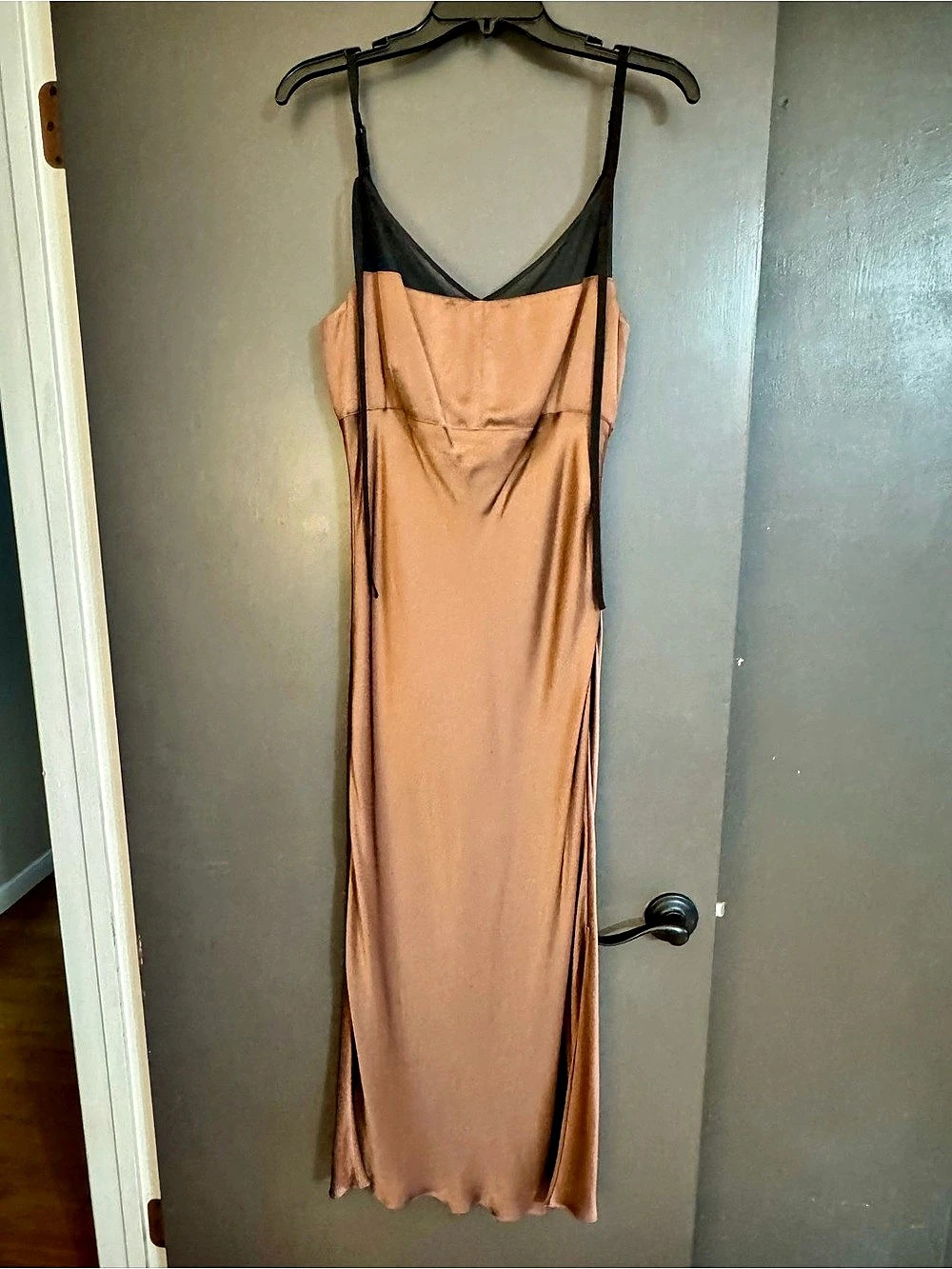 Helmut Lang Mesh Trim Satin Slipdress Brown & Black Maxi Dress